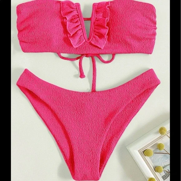 Sexy Hot Pink Ruffles V Neck Crisscross tie back Cheeky Bikini Swimwear Beach - Picture 5 of 6